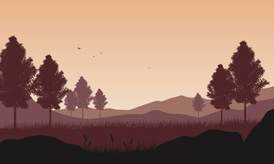 Realistic view of fir trees and mountains from out of the city at dusk