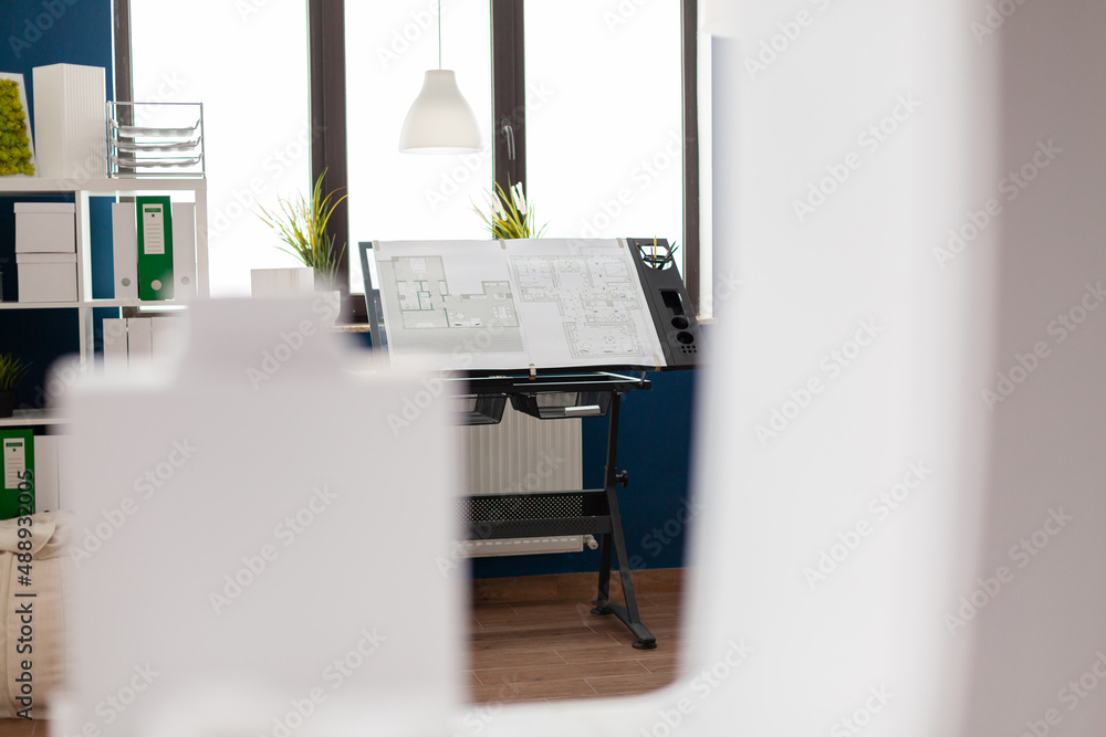 Poster architectural design board with blueprints for real estate development in modern architect open spac