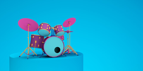 Abstract colorful drum kit on blue background pastel color 3d render illustration
