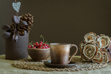 Flowers from natural materials. Beige-brown tones. The concept of natural materials and nature conservation