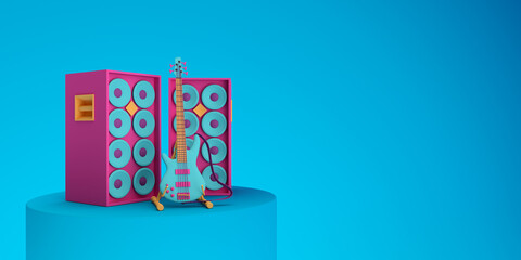 Abstract colorful retro guitar and acoustics on blue background pastel color 3d render illustration
