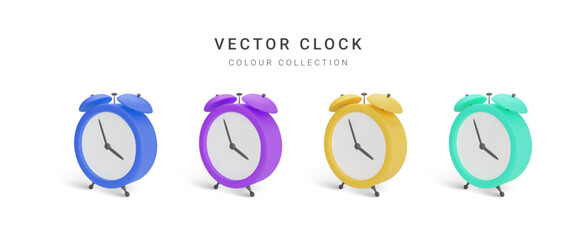 Collection of colour vintage alarm clock with shadow isolated on white background. Vector illustration - obrazy, fototapety, plakaty