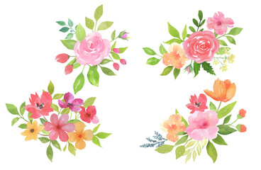 Cute Watercolor flowers isolated on white background. Trendy color wedding floral bouquet with hand drawn leaves and pink rose . Simple stylized floral border painting collection