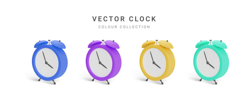 Collection of colour vintage alarm clock with shadow isolated on white background. Vector illustration