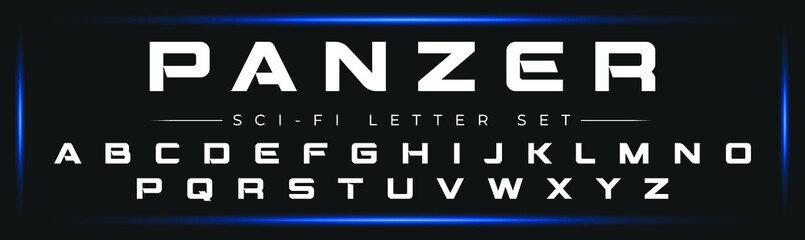 PANZER, Sports minimal tech font letter set. Luxury vector typeface for company. Modern gaming fonts logo design.
