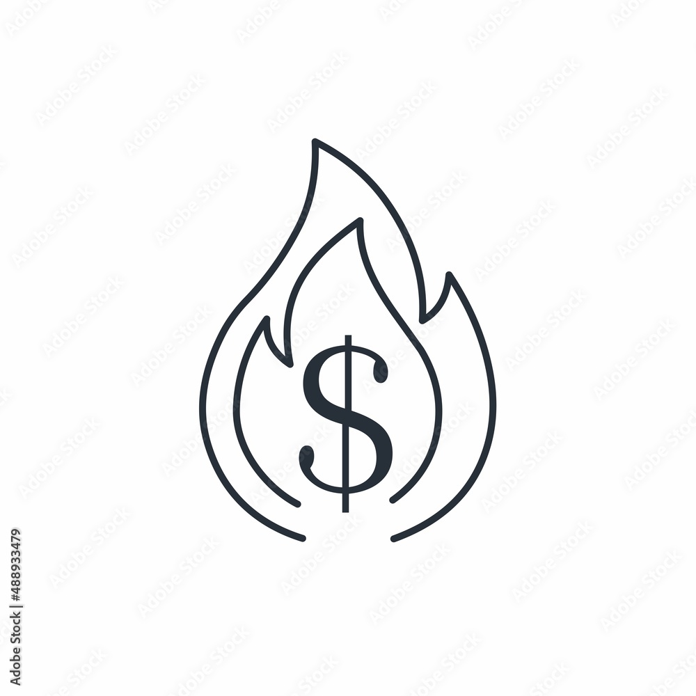 Aufkleber dollar on fire. economic problems. vector linear icon isolated on white background