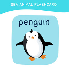 Cute sea animal flashcard for preschool children. English name with cartoon animals set. Card games for kids. Vector illustration.