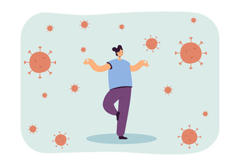 Girl staying in tree pose surrounding by germs. Woman keeping calm during pandemic and coronavirus spread flat vector illustration. Virus, flu concept for banner, website design or landing web page