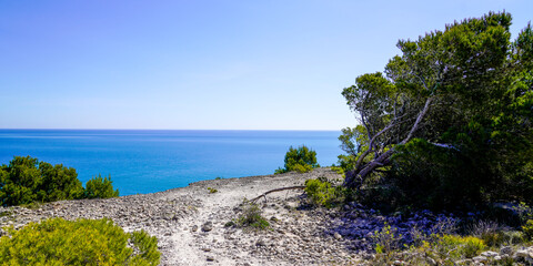 Fototapeta na wymiar Leucate cliff edge path pathway mediterranean natural coast in french Occitanie south france