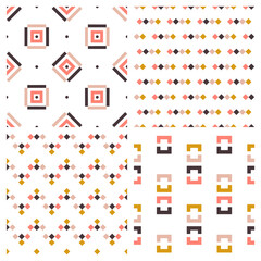 Set of 4 geometric seamless patterns. Abstract design vector wallpapers. Modern backgrounds with rectangles and squares in retro scandinavian style. 