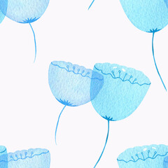 Seamless watercolor pattern with translucent blue delicate stylized flowers. For wallpaper, fabric