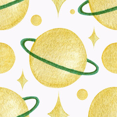 Watercolor seamless pattern in the form of golden planets with rings