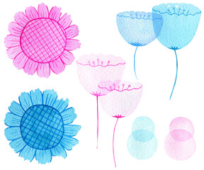 Watercolor set of translucent flowers and circles
