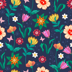 Vector illustration of a floral pattern. Flowers and grass on a blue background.