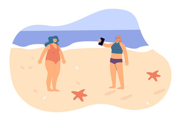 Sad obese woman in swimsuit on beach flat vector illustration. Girl dissatisfied with her figure while friend taking picture of her. Obesity concept for banner, website design or landing web page