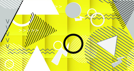 yellow vector background with flat graphic elements in the style of 80-90s