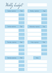 Personal financial planner for week. Printable minimalistic budget organizer.