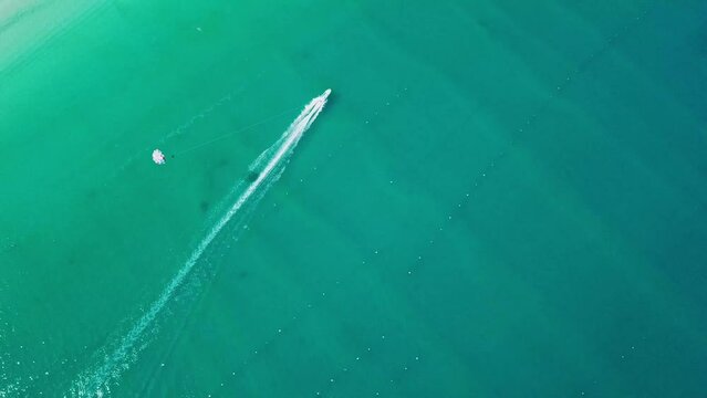 Tourists parasailing over sea coastline, drone point view. Aerial footage of people on parachute above tropical beach.