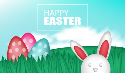 banner happy easter with egg and bunny cute full color and garden 3D