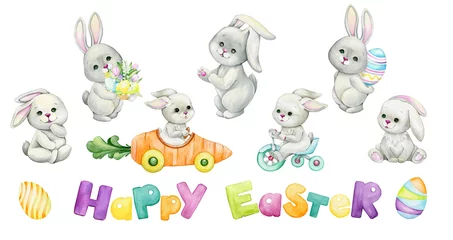 Muurstickers Speelgoed Schattig, konijntjes, tekst, vrolijk Pasen, eieren. Aquarel set van dieren, in cartoon-stijl, op een geïsoleerde achtergrond.