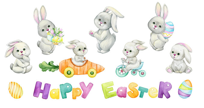 Cute, bunnies, text, happy Easter, eggs. Watercolor set of animals, in cartoon style, on an isolated background.