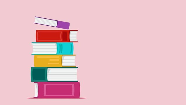 Stack of books. Falling books. Animated illustration with copy space