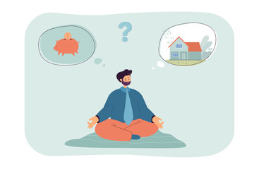 Man choosing between saving money of buying house. Male person sitting in lotus position and making decision flat vector illustration. Choice concept for banner, website design or landing web page