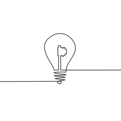 Continuous line drawing of light bulb with key, business process, object one line, single line art, vector illustration