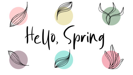 Hello Spring greeting card with multicolour circles and leaves