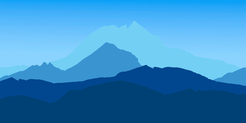 Mountains background in blue colors. Template for banner, poster, wallpaper, landing page, web . Flat vector design landscape.
