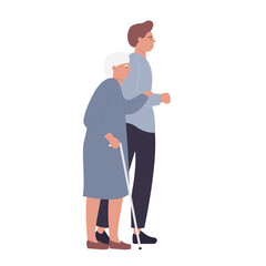 Young boy walking with grandmother with stick. Volunteer supporting and helping senior people cartoon vector illustration
