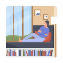 Man lying on bed and looking through window outside. Self relaxing and reading recreation time cartoon vector illustration