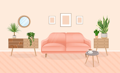 Modern living room interior with furniture and house plants. Design of a cozy room with a sofa and home decor items. Restroom. Vector flat style illustration.