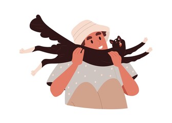 Happy person holding funny cat in hands with love. Pet owner and cute adorable kitty. Young smiling man and amusing feline animal yawning. Flat vector illustration isolated on white background