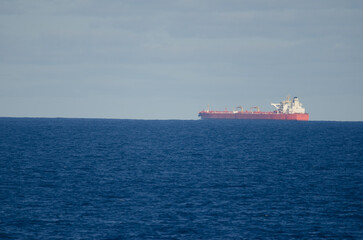 Atlantic Ocean, October 30, 2021: Cargo ship in the Atlantic Ocean. Canary Islands. Spain.