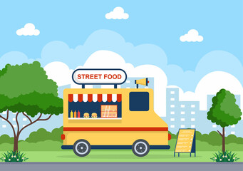 Outdoor Street and Food Truck Serving Fast Food such as Pizza, Burger, Hot Dog or Tacos in Flat Cartoon Background Poster Illustration