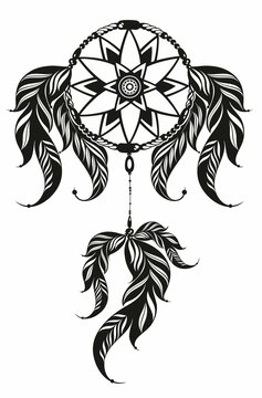 Dream catcher with threads, beads and feathers. Native american symbol in boho style. Vector tribal