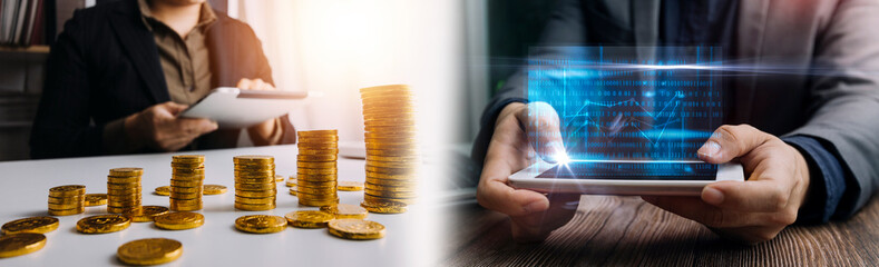 Saving money concept preset by Male hand putting money coin stack growing business