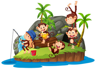 Isolated island with many monkeys cartoon