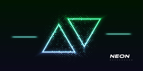 Fototapeta premium Futuristic Modern Sci-Fi Background with Glowing Neon Triangle in Green and Blue. Neon Background with Halftone Style Isolated on Dark Background