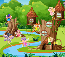 Obraz na płótnie Canvas Fantasy forest with cute fairies