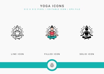 Yoga icons set vector illustration with solid icon line style. Meditating energy concept. Editable stroke icon on isolated background for web design, user interface, and mobile app