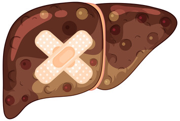 Fibrosis liver with cross plasters on white background