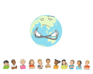 考える多民族の子供たちと悩める地球