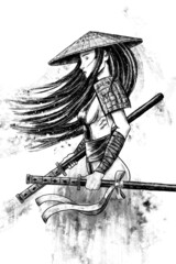 Japanese samurai girl in a wide hat holds swords in both hands