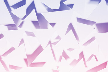 Active bright dynamic abstract pattern of paper triangles in shining light with sharp shadows, corners in saturated purple and pink color, top view. Airy tender future background in minimal style.