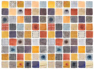 Abstract pattern with squares, painted in watercolors, autumn, fall colors