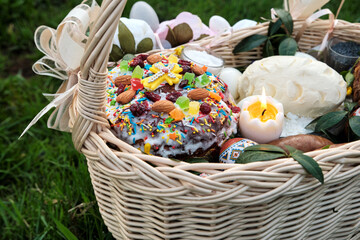 Ukrainian Easter basket filled with traditional festive dishes.
