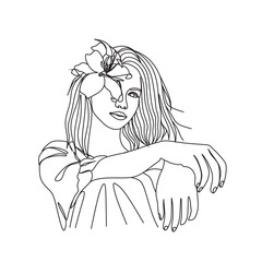 Abstract face with flowers by one line vector drawing. Portrait minimalistic style. Botanical print. Nature symbol of cosmetics. Modern continuous line art. Fashion print. Beaty salon logo.