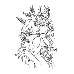 Abstract face with flowers by one line vector drawing. Portrait minimalistic style. Botanical print. Nature symbol of cosmetics. Modern continuous line art. Fashion print. Beaty salon logo.